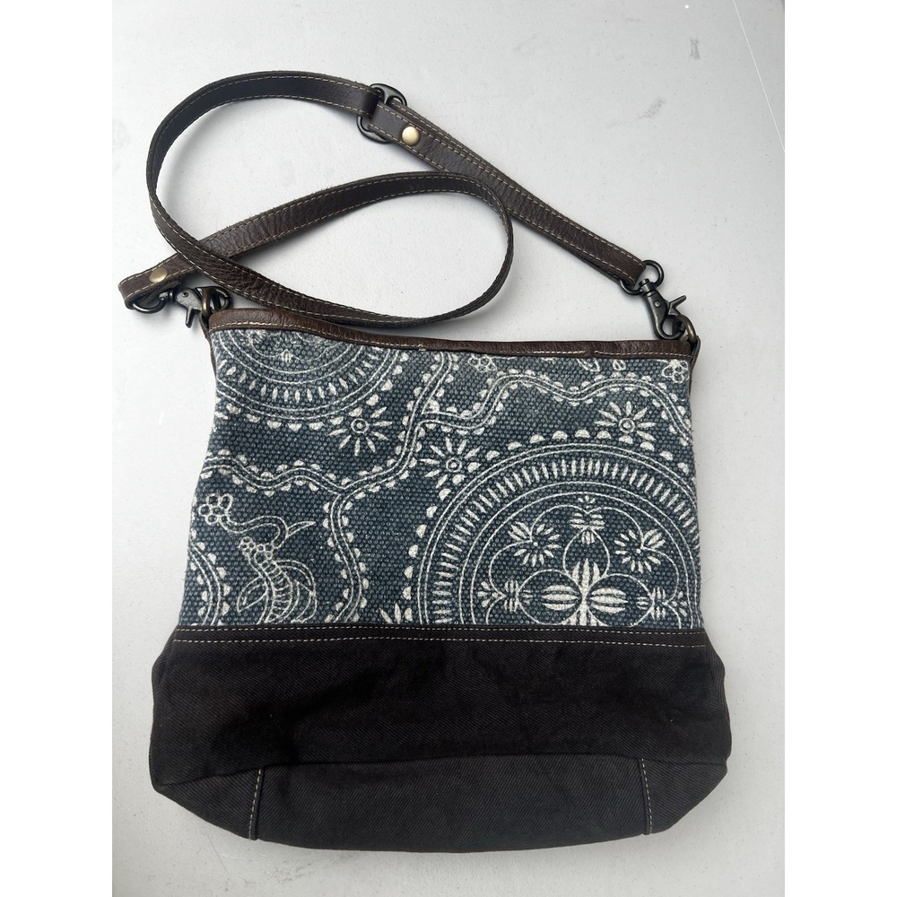 Myra Bag Blue Gray Medallion Canvas Leather Crossbody Shoulder Bag Boho Western